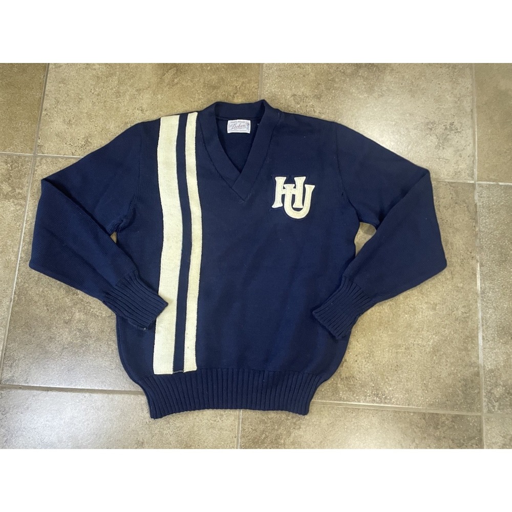Vtg 60s Dehen USA Sz 38 (S) Navy V-neck Navy Blue Varsity 100% Wool Sweater